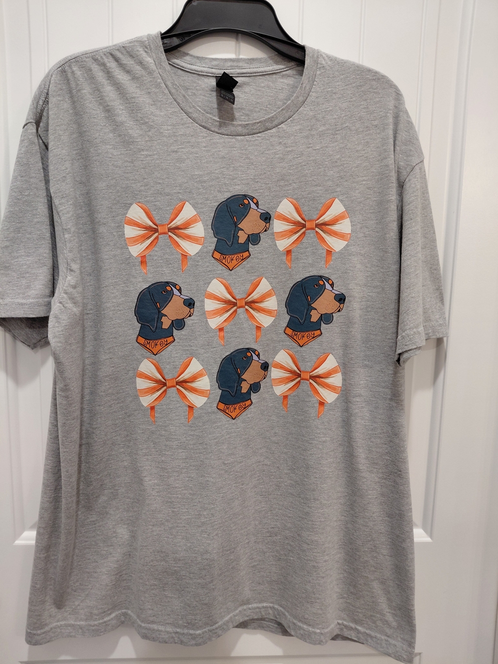 Gildan Gray Tee with Navy Dog Heads and Orange Bows #0859